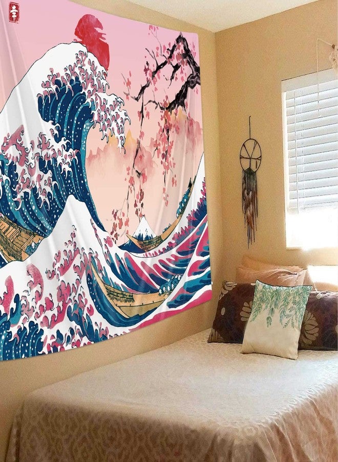 MERCHR Pink & Red Sun Cherry Blossom Wall Tapestry, Ocean Wave & Mountain Scene - Asian Anime Design for Bedroom, 60 x 40 Inches - Image 2